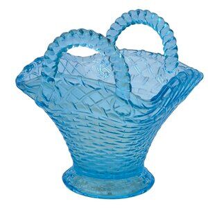 Vintage Blue Glass Basket Decorative Collectible Weave Pattern Small 2 Handled